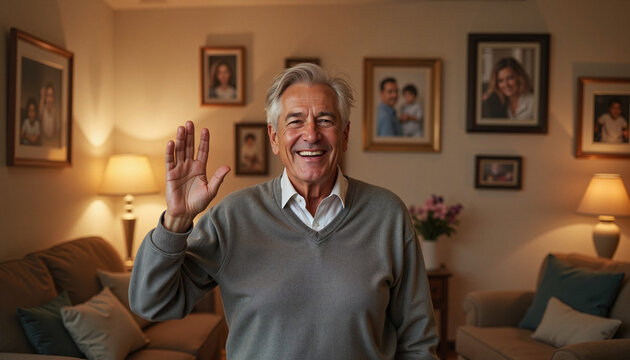 Elderly man waving goodbye with a warm smile in cozy living room, farewell