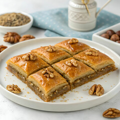 Sheki traditional baklava with nuts, a delicious pastry layered with honey