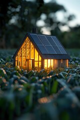A miniature house with solar panels on the roof on green field of crops with sunlight on background