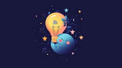 71.A whimsical landing page design featuring a globe-shaped lightbulb with a cute cartoon sleeping face, surrounded by stars, text promoting Earth Hour, and a digital clock at 8:30 PM.