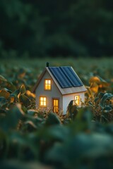 A miniature house with solar panels on the roof on green field of crops with sunlight on background