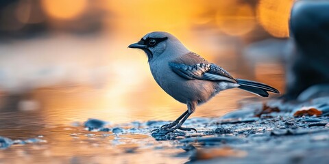 Arctic jay walking on ground of pebbles, blur bright background