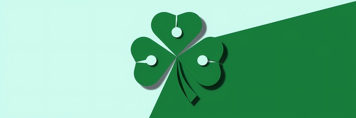 A creative minimalist Saint Patrick's Day poster design with a paper cut-out theme. The design features a large green shamrock with three white dots in the center. 