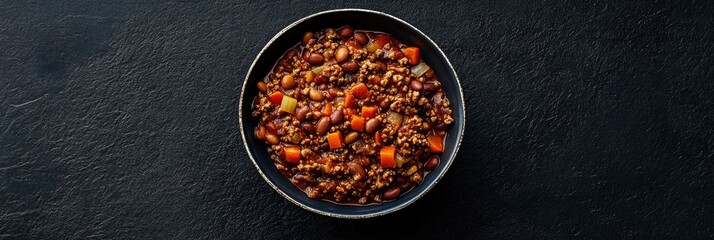 ground beef, beans, and vegetables in a bowl on a dark background