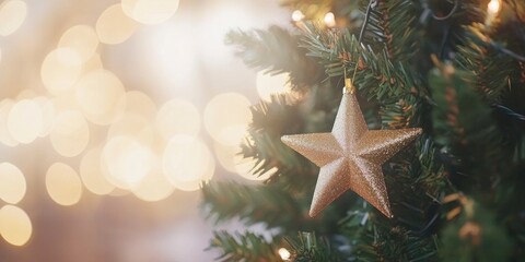 a Christmas tree with a golden star ornament and blurred lights in the background
