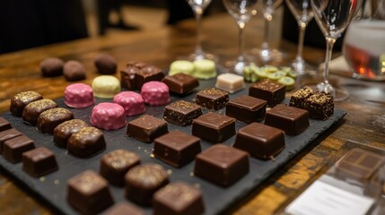 A table with a variety of chocolates and wine glasses.