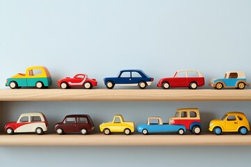 Naklejka premium Wooden Toy Cars Display on Shelves