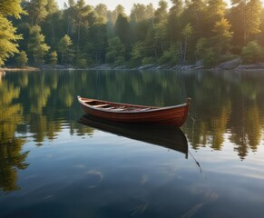 Obraz premium A small wooden boat with a white sail gently swaying on the calm surface of a serene lake, gentle waves, wooden boats, calm water