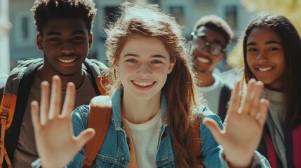 Happy Student Group with Waving Hands