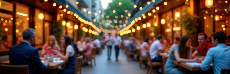 Busy evening scene at outdoor restaurant. Many people dine and chat. Warm lighting from string lights. Casual attire. Outdoor seating area. Lively atmosphere.