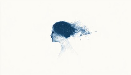 Ethereal silhouette of a woman with flowing hair, set against a minimalist background, conveying serenity and introspection