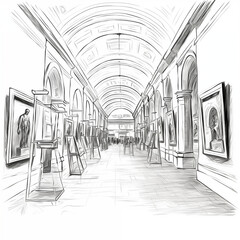Interior of the museum from the inside, front view, icon, black and white sketch, picture, image for printing on a T-shirt, background, without people