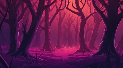 Naklejka premium A digitally painted scene of a dark forest with magenta and purple hues, the sun peeks through the branches.