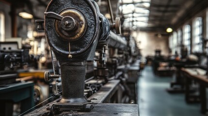 Fototapeta premium Stitching machine with leather strips, neutral tones, and vivid accents