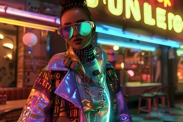 Illustration of A character with a retro-futuristic look, sporting a holographic jacket, geometric sunglasses, and a collection of quirky accessories, standing in front of a neon-lit diner. Ai