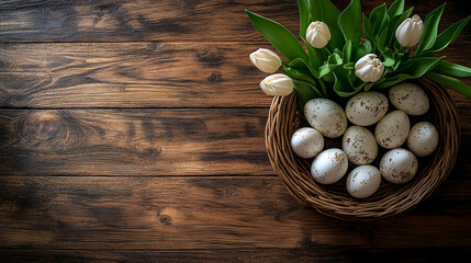 Rustic Wooden Background with White Tulips in a Woven Basket Display