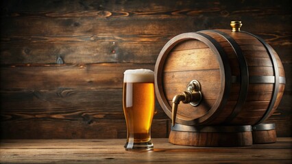 A brewery barrel aged beer with a wooden tap and a glass of frothy beer on the side, wooden taps, fermentation tanks, glassware, ale barrel aging