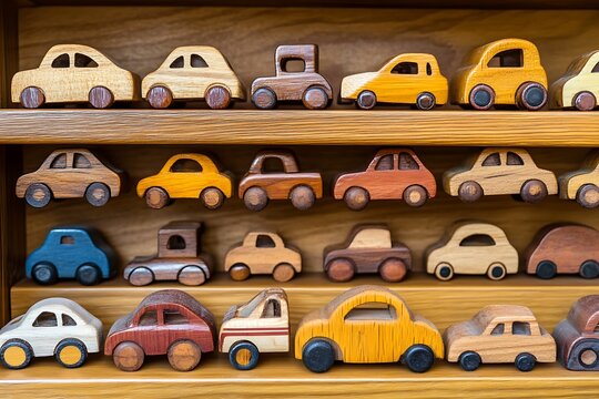 Fototapeta Wooden Car Toys Display on Shelves