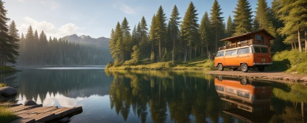 A campervan parked in front of a wooden cabin overlooking a peaceful lake in the forest, wild life , campervan