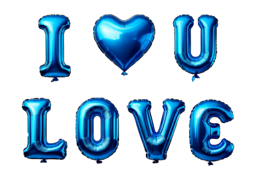 I LOVE YOU and heart shaped blue foil shiny balloons isolated on transparent or white background