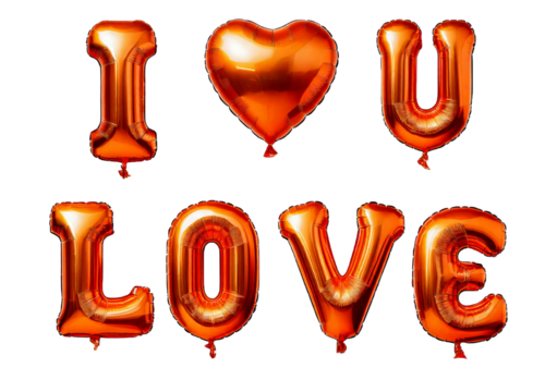 I LOVE YOU and heart shaped Orange foil shiny balloons isolated on transparent or white background