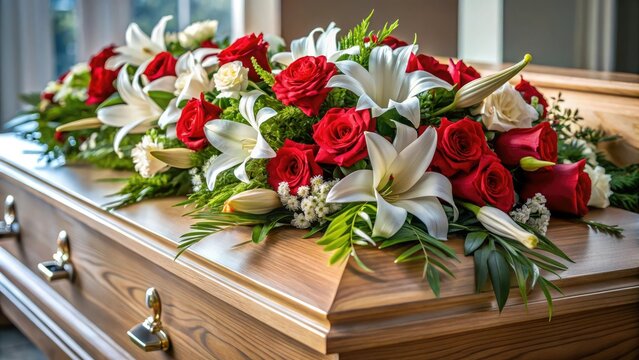 A casket decorated with funeral flowers including white lilies and red roses, sacred space, funeral flowers, floral arrangements, funeral decor
