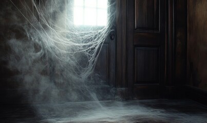 Darkened doorway with cobwebs and a hint of fog, old furniture, dusty interior, eerie ambiance, cobweb covered