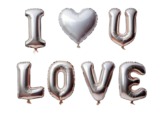 I LOVE YOU and heart shaped White foil shiny balloons isolated on transparent or white background
