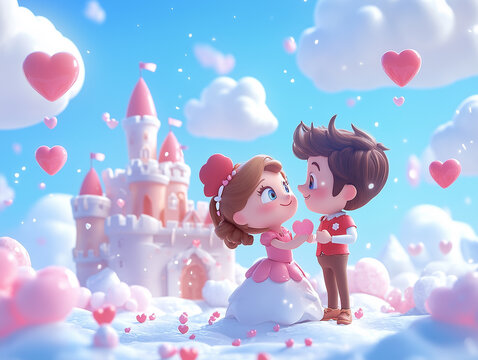 Adorable cartoon-style couple sharing a sweet moment in a dreamy fantasy world with a castle, floating hearts, and clouds. A charming and whimsical scene perfect for love, romance, and Valentine's Day