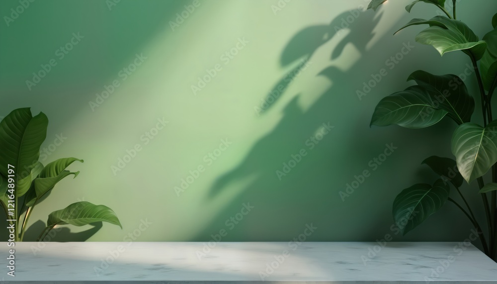 Poster Empty studio setup with marble surface. Green wall provides abstract background with shadows from plants. Soft light creates product presentation backdrop. Minimalist design suitable for various