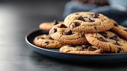 Obraz premium Freshly baked chocolate chip cookies arranged neatly in a stack and scattered slightly on a clean and minimal background.