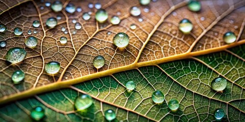 Fototapeta premium A close-up of a single leaf, its veins visible, with dew drops glistening on the surface, leaf, nature, outdoors