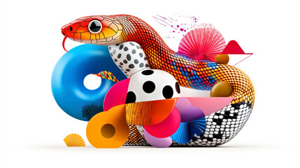 Colorful Abstract Snake with Geometric Shapes and Patterns in Modern Art Style.