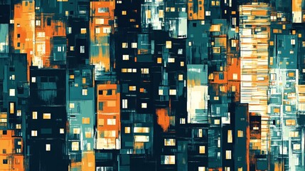 Abstract Cityscape at Night Teal, Orange, and Beige Urban Texture