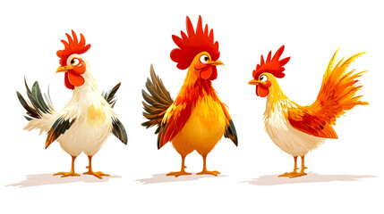 Fototapeta premium Three different chicken poses isolated on a white background with written all over the image