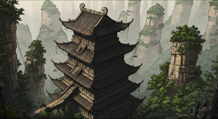 A detailed illustration of a multi-tiered pagoda surrounded by lush greenery.