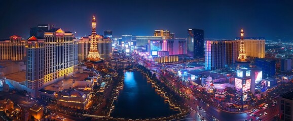 Night view of Las Vegas Strip, city lights, hotels. Travel poster