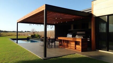 Obraz premium Modern Outdoor Kitchen Design with Poolside Pergola and Stunning Landscape