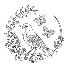 Elegant Bird and Butterfly Line Art A Floral Nature Illustration