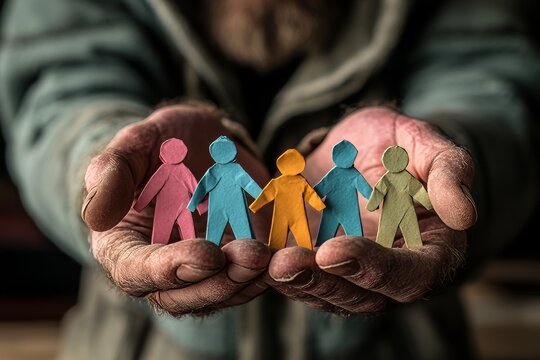 Community, paper people with joined hands. Symbolizing diversity and inclusion. A cohesive business team. A gathering circle of diverse humans