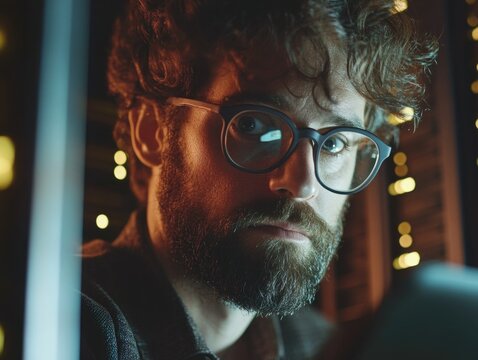 Intense Focus: A Man Immersed in a Digital World