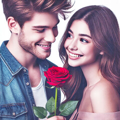 Young couple celebrating Saint Valentine's Day with hugs, kisses, balloons and greeting cards.