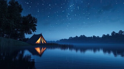 A serene nighttime landscape featuring a glowing orange tent set near a calm lake,