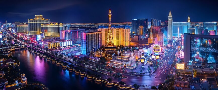 Night view of Las Vegas Strip, dazzling lights, city panorama, travel tourism