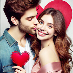 Young couple celebrating Saint Valentine's Day with hugs, kisses, balloons and greeting cards.
