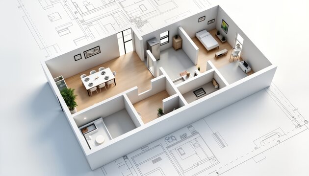 Modern building plan shows small apartment layout. Interior design includes dining area with table, chairs. Living room, bedroom areas also visible. Floor plans displayed. Image perfect for