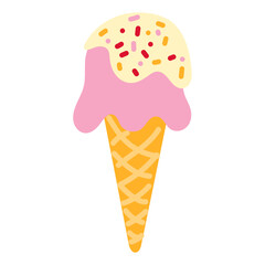 An ice cream cone, highlighted on a white background. A mesh ice cream cone decorated with pink ice cream with colored sprinkles. The sweet treat is depicted in a bright and flat style