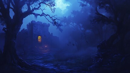 Obraz premium A Glowing Doorway in a Dark Forest with an Ancient Stone Building