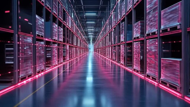 Modern server room with illuminated shelves and rows of data storage in a high-tech facility
