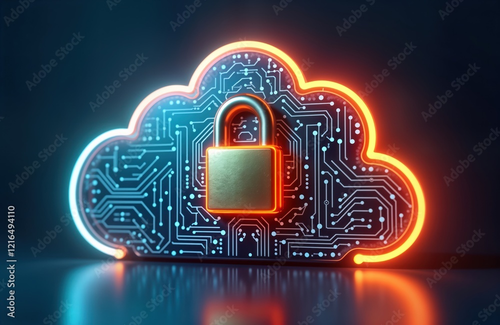 Aufkleber Neon cloud graphic with locked padlock. Futuristic tech concept for data protection. Cloud storage security system. Cybersecurity illustration. Secure online data. Safe application. Safe digital